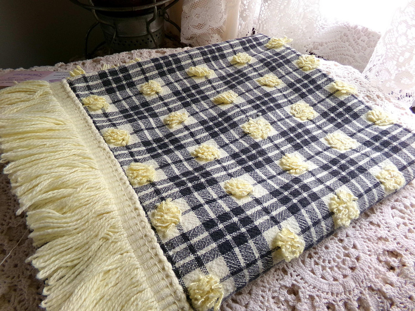 Retro Vintage Chenille Fabric, Bumblebee Black & Yellow Pops Piece, 17" x 25" inch Rounded with Accent Fringe