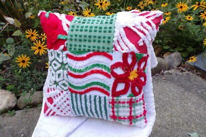Christmas Patchwork Chenille Pillow Cover 16" x 16" inch Square, REVERSIBLE Accent Pillow Designed from Vintage Chenille Bedspread Fabric