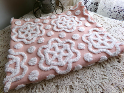 fairytale daisy dots vintage chenille fabric, beautiful white spoked daisies on rose pink cotton, 20" x 24" piece of sewing & quilt material