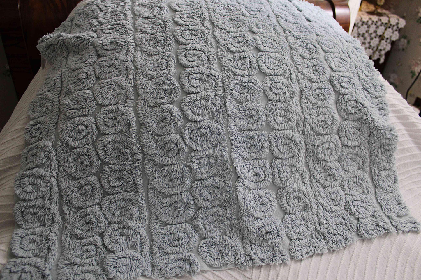 Plush Swirl Tuft Vintage Chenille Bedspread Quilt Fabric, 21" x 25" inch Piece; Stardust Blue Curlicues