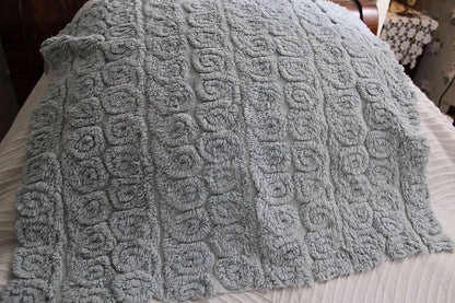 Plush Swirl Tuft Vintage Chenille Bedspread Quilt Fabric, 21" x 25" inch Piece; Stardust Blue Curlicues
