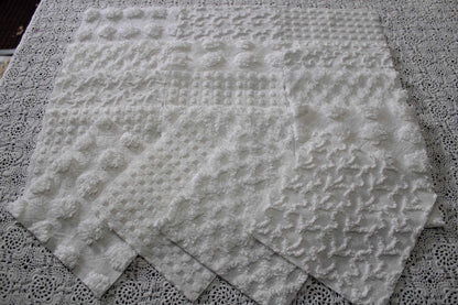 white chenille fabric squares in dynamic textures, coin dots, lattice, mini pop sparkle & squiggles, 16 vintage quilt blocks, 6" x 6" ea
