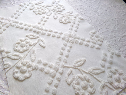 Elegant White Floral Chenille Fabric: Vintage Cottage Style 23" x 15" Cut Piece