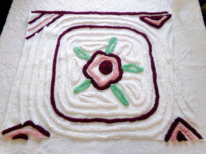Rose Mauve Vintage Chenille Fabric, 19" x 23" Piece of Radiating Swirl White Cotton Sewing Material Upcycle into Pillows, Quilts