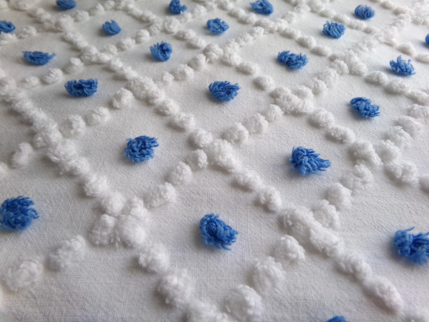 blueberry & white snowdrop pops chenille fabric, 18" x 26" inch piece of vintage sewing material for quilting, crafts