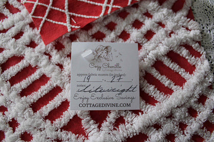 red & white chenille fabric, fun festive wedding rings, 19" x 27" inch piece, 100% lightweight cotton, great for vintage Christmas stockings