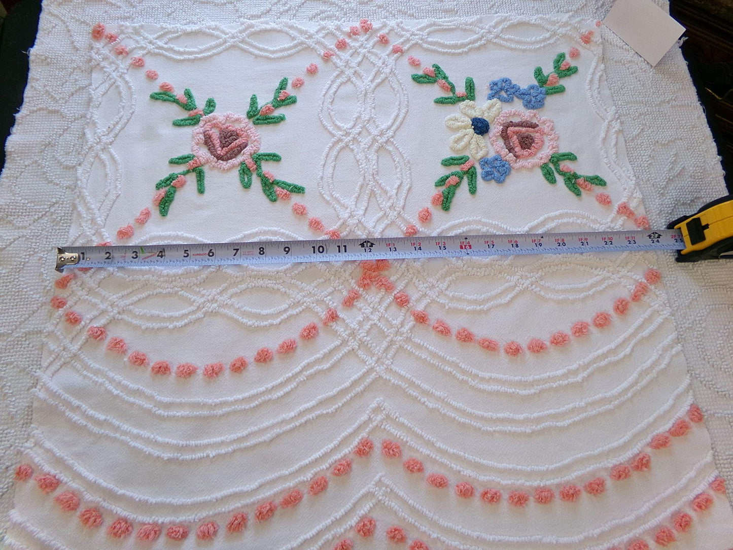 wildflower chenille fabric, vintage floral sewing material on white cotton with peach pops, 23" x 23" piece for handmade quilts & pillows