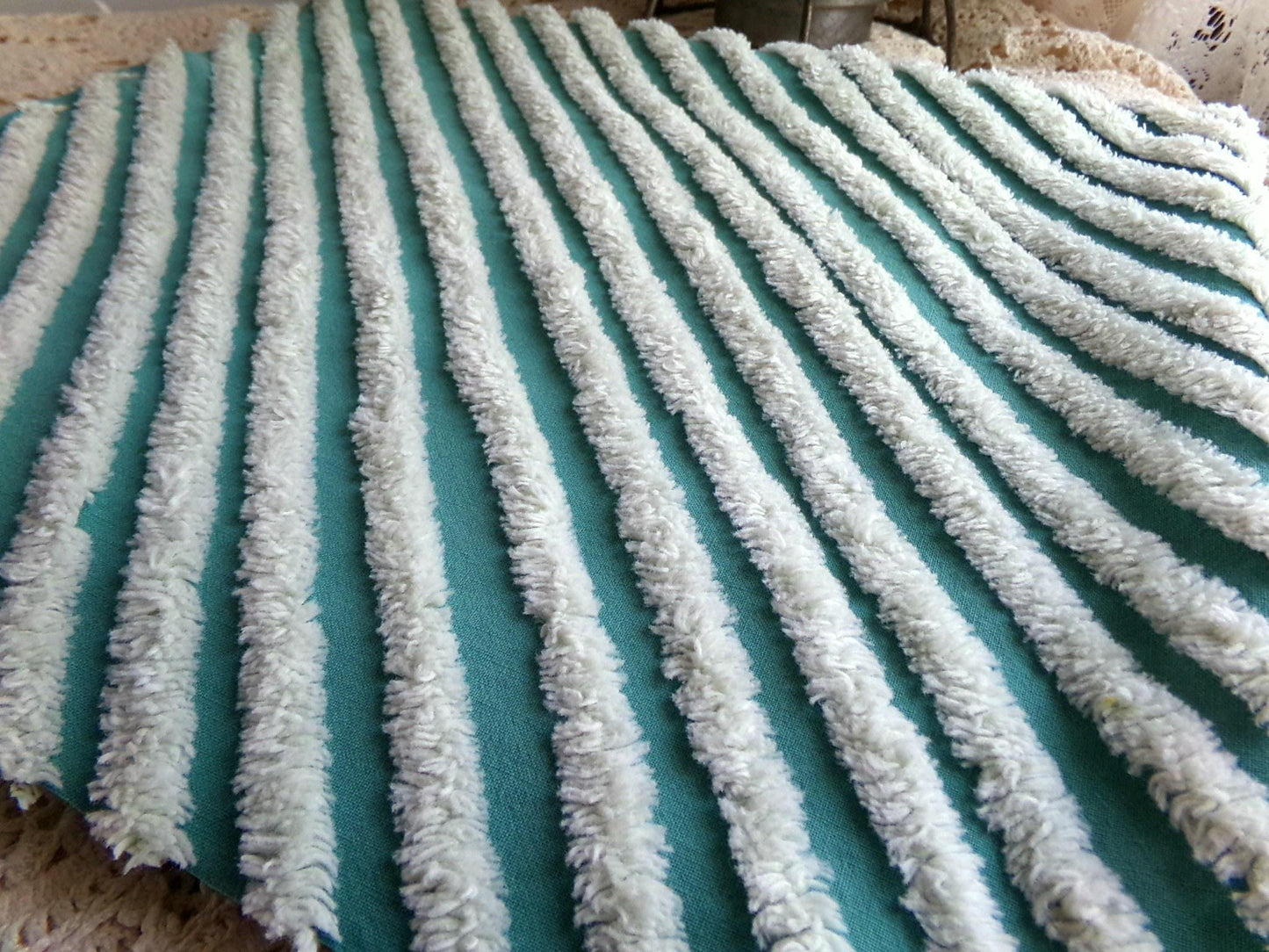 eyecatching plush stripes vintage chenille fabric, tonal green diagonal striped lines, 22" x 25" inch piece of sewing material