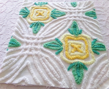 Shabby Chic Chenille Fabric, Yellow Cabbage Roses on White Cotton, 30" x 17" inch Piece, Pretty in Pillows & Quilts