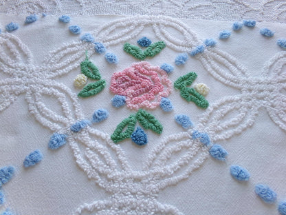 favorite cottage style vintage chenille fabric, pink roses & blue dots, 20" x 27" piece of white sewing material for quilting and crafts