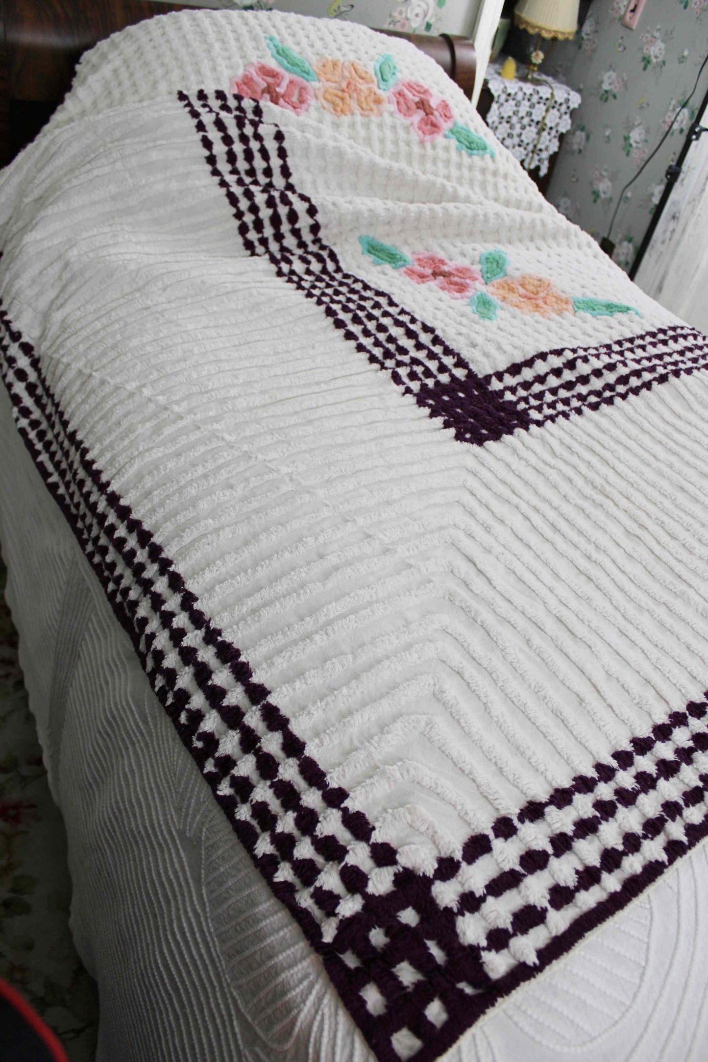 Simple Plush White Vintage Chenille Bedspread, Tropical Flowers on Waffle Tufts, Full Size