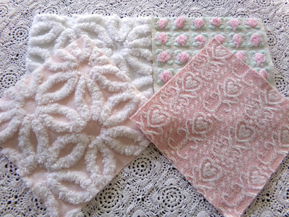 Pink Mix Vintage Woven & Chenille Fabric Squares, Daisy, Rosebud, Hearts Quilt Square Set, 16 Blocks 6" x 6" inch for Pillows, Doll Blankets