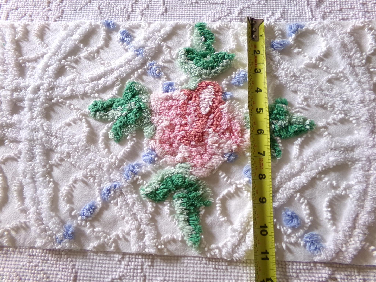 cute plush pink rose fabric piece, vintage tufted chenille cottage style sewing material, 10.5" x 22" inches