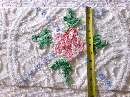 cute plush pink rose fabric piece, vintage tufted chenille cottage style sewing material, 10.5" x 22" inches
