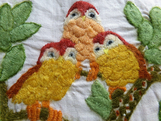 Hippie Fairytale Owl Embroidery Finished 1970s Piece, "Winkin, Blinkin & Nod," Cute Completed Paragon Crewel Stitchery 02236x, 16" x 19"