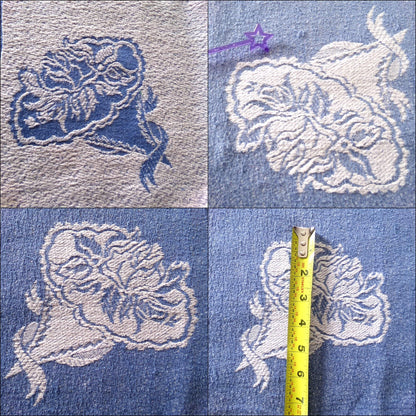 romantic coastal style vintage woven fabric, white & blue bridal floral bouquets, reversible 20" x 27" inch piece of shabby sewing material