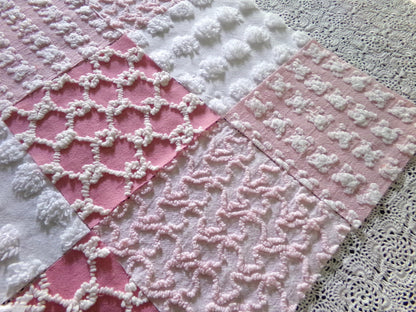 Must Luv Pink Quilt Squares Set from Vintage Chenille Bedspread Fabric, 17 Blocks, 6" x 6" inch