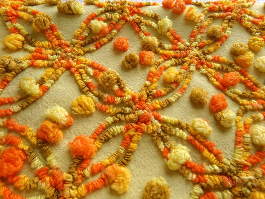 confetti magic vintage chenille fabric, wild boho wedding ring design, 20" x 24" cut piece of multicolor hippie sewing craft quilt material