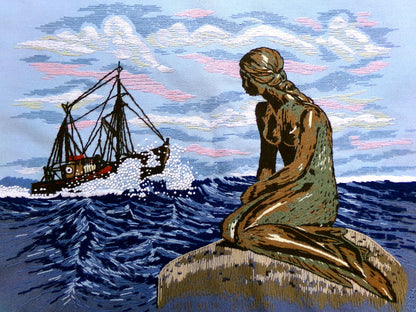 Vintage THE MERMAID Finished Crewel Embroidery Piece, Completed Paragon 0411 Stitchery, Adele Veres 1970s Design