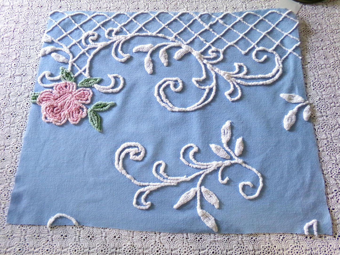 Romantic Pink Rose Vintage Chenille Fabric, 18" x 22" inch Piece, Blue Cotton Bkgd, Pretty for Pillow Covers or Quilting
