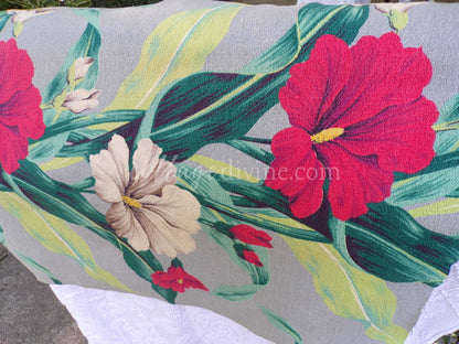 Tropical Vintage Barkcloth Fabric Piece, Salvaged MCM Botanical Hibiscus Print, 19" x 25" inches, #3