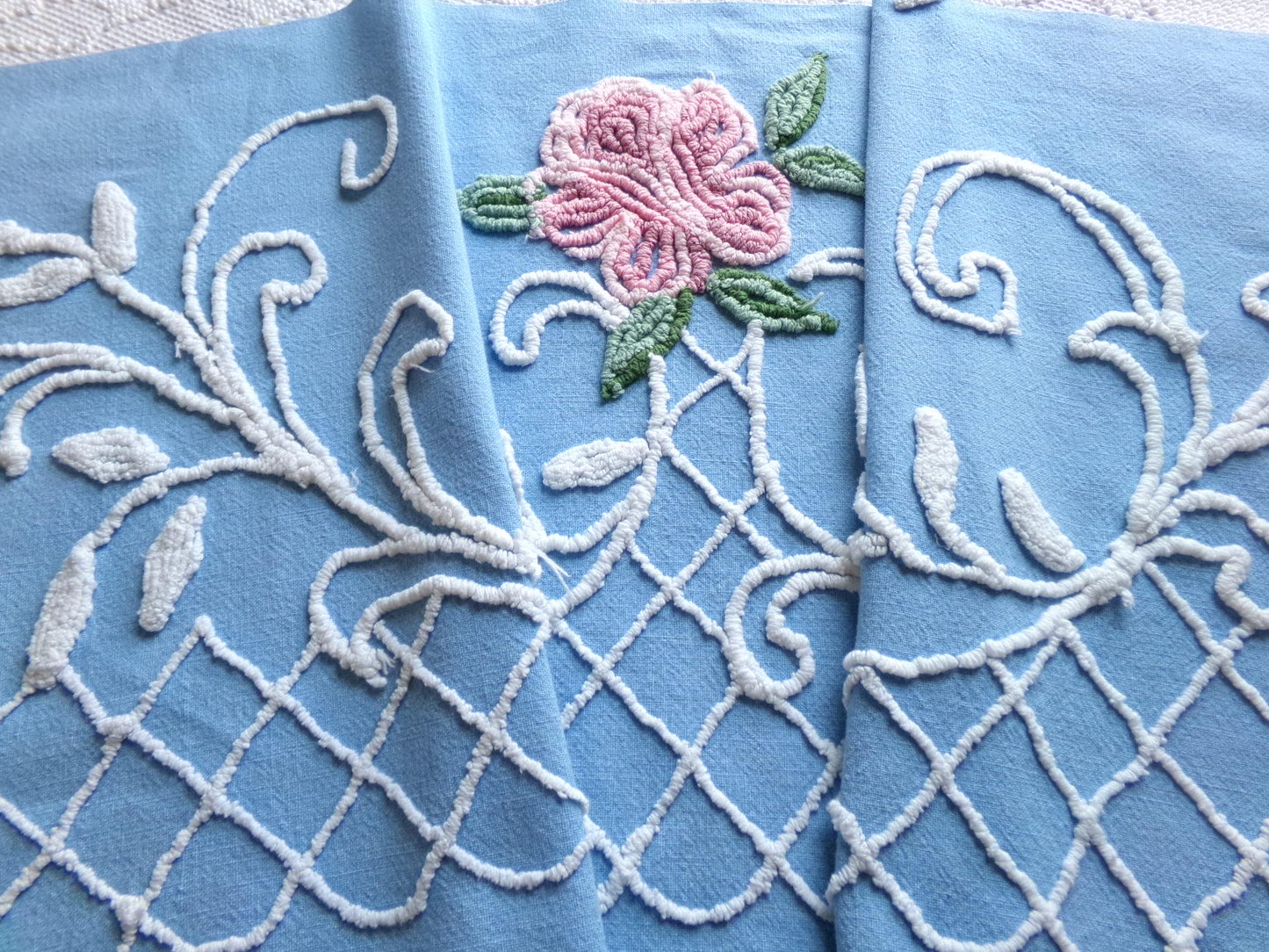 enchanted pink rose vintage chenille fabric, blue floral sewing material, 15" x 30" inch piece for wallhanging, quilts, fiber arts