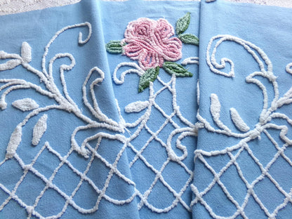 enchanted pink rose vintage chenille fabric, blue floral sewing material, 15" x 30" inch piece for wallhanging, quilts, fiber arts