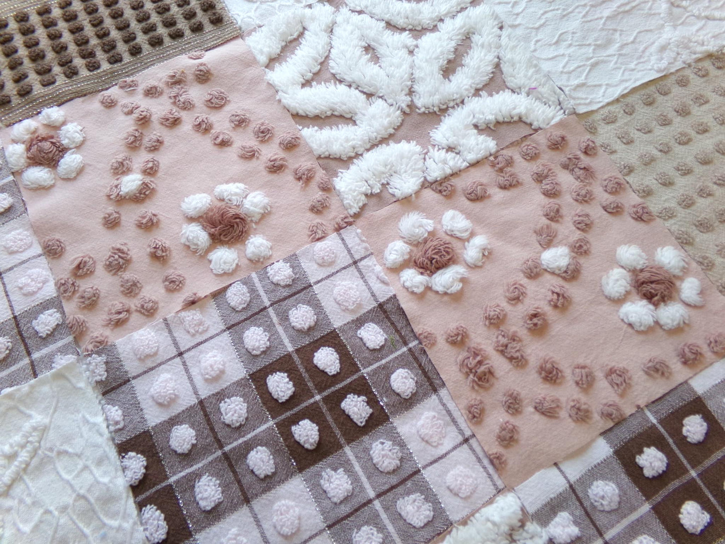 vintage 6" chenille squares, "boho girl" set of 16 quilt blocks, rotary cut from vintage chenille & matelasse bedspread fabrics