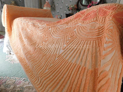 Fancy Falling Leaves Vintage Cozy Peach Chenille Bedspread, 1940s Era Cotton, Twin Size