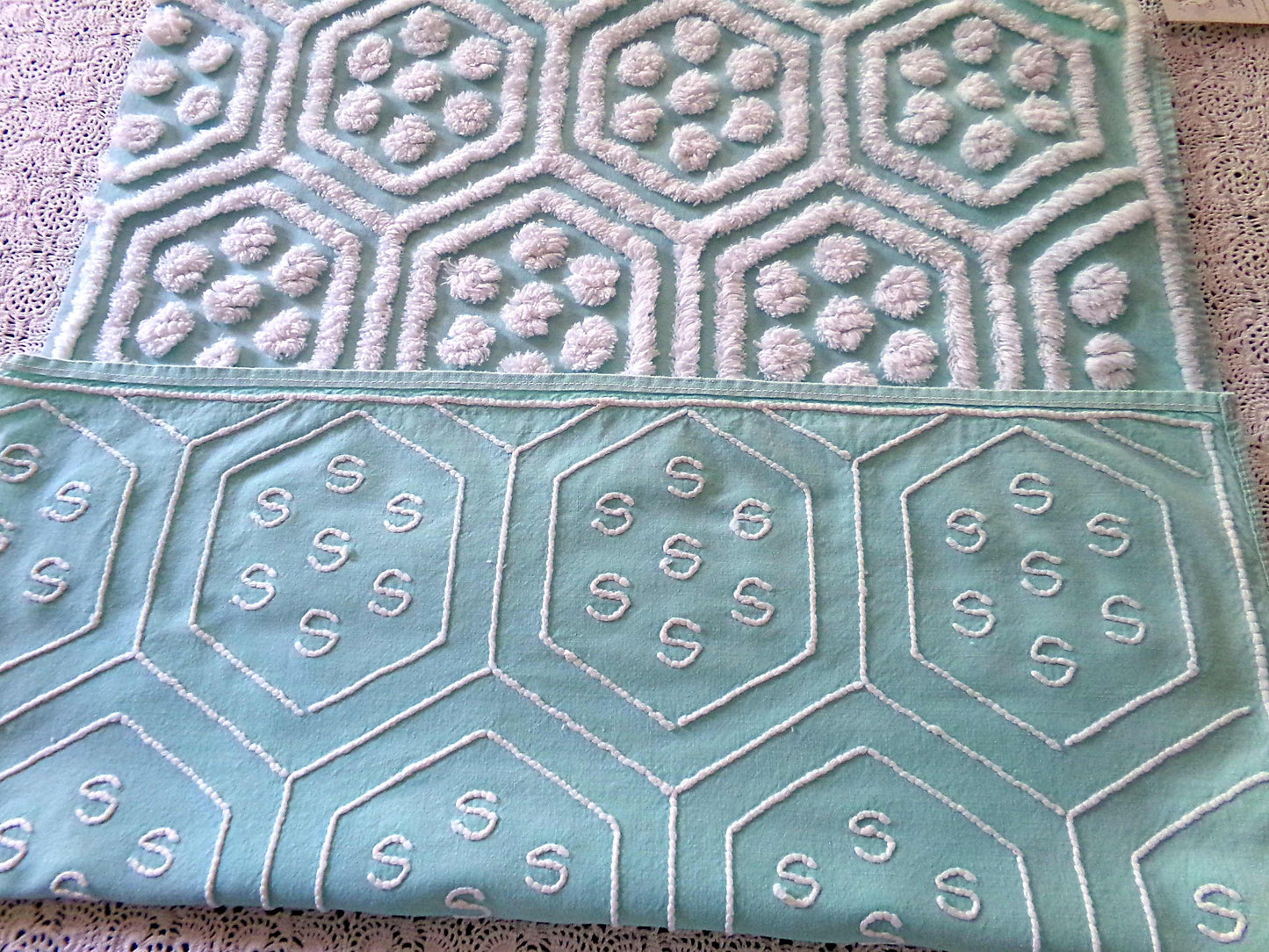 Plush Puffs Vintage Chenille Fabric, 20" x 25" Inch Aqua & White Piece, Rare Geometric Hexagon Design by Hofmann Textiles