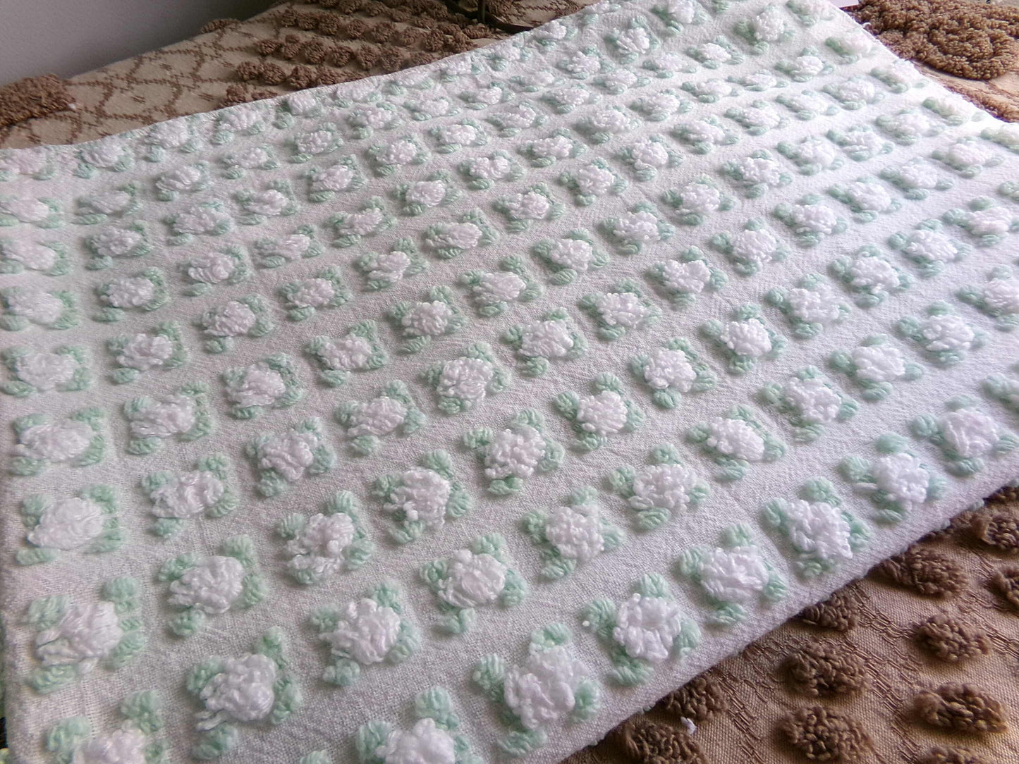 Plump White Rosebuds Vintage Chenille Fabric, 19" x 25" Piece, Beautiful Roses with Mint Green Leaves