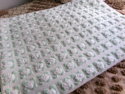 Plump White Rosebuds Vintage Chenille Fabric, 19" x 25" Piece, Beautiful Roses with Mint Green Leaves