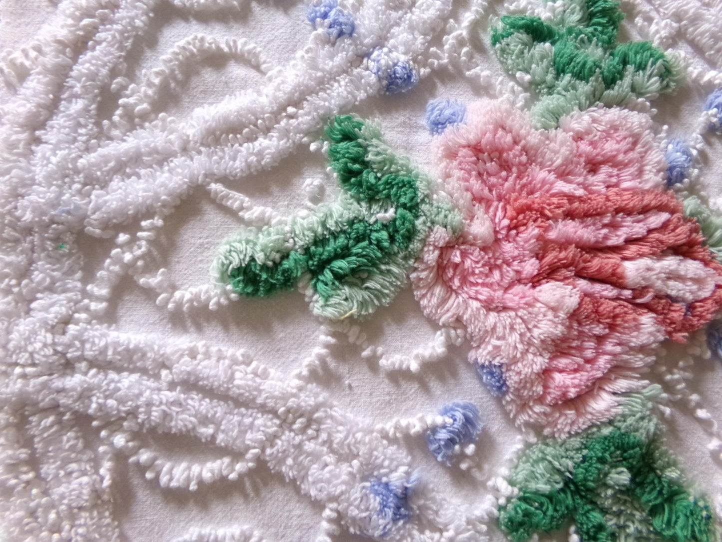 pretty pink rose fabric piece, vintage floral chenille cottage shabby sewing material, 11" x 22" inches
