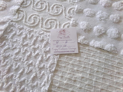 serene snowfall vintage chenille fabric squares, set of 16 white 6" quilt blocks, upcycle in handmade quilts, sewing projects