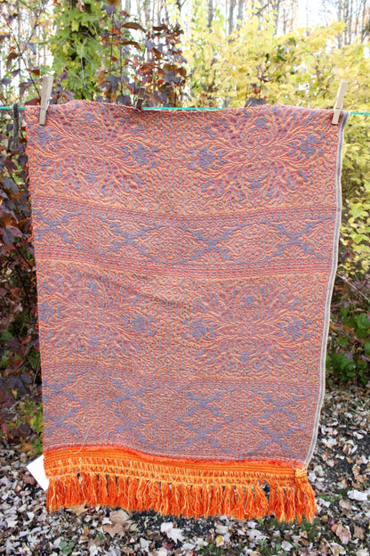 Orange & Gold Vintage Tapestry Fabric, Shimmer Woven Heavyweight Damask Material, 20" x 25" inch piece with Luxurious Fringe