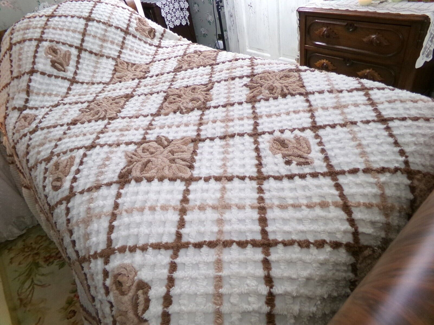 Vintage full size chenille bedspread, chocolate brown roses, boxed & fitted design