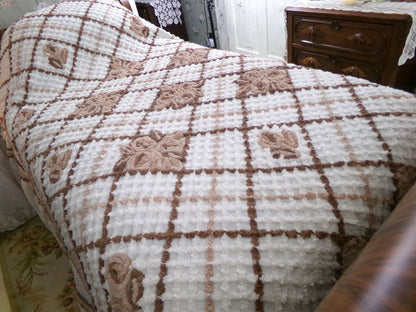 Vintage full size chenille bedspread, chocolate brown roses, boxed & fitted design