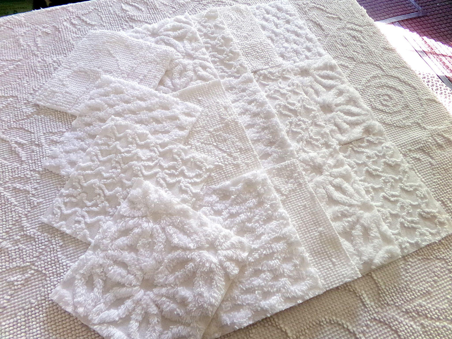 Snow Baby Chenille Fabric Squares Set of 16 White Quilt Blocks, 6" x 6" inches each, Diamond, Squiggle Daisy & Hobnail Texture Patterns