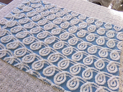 White & Blue Chenille Fabric, Soft Curlicue Swirls, 18" x 26" inch Piece, Vintage Cotton Material for Quilting, Crafts
