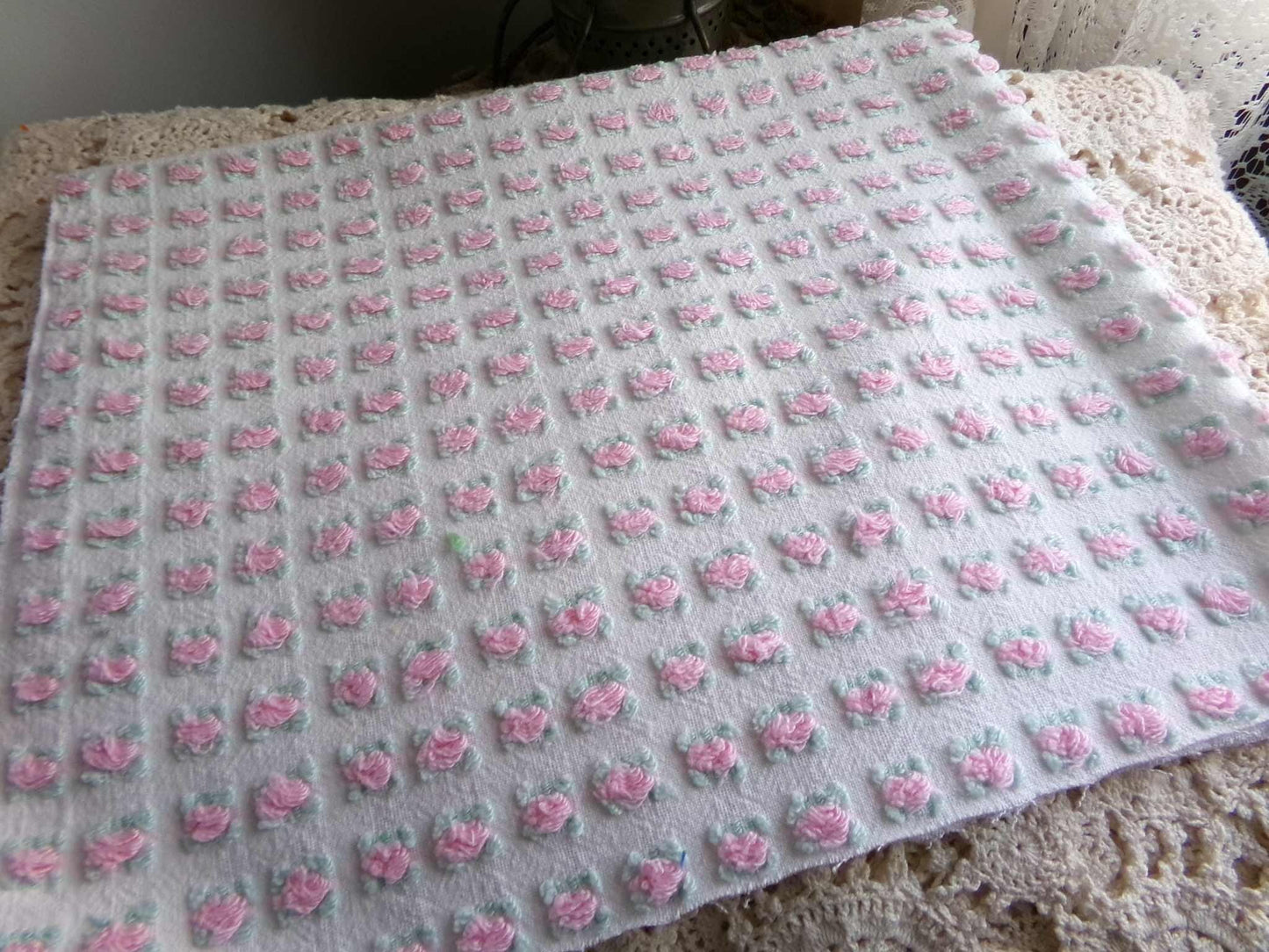 Tiny Tuft Pink Rosebud Vintage Chenille Fabric, 19" x 24" Inch Piece, 100% Lightweight Cotton, Lovely Mini Roses Pattern, Ideal in Quilts