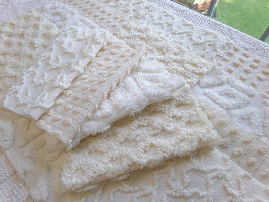 cozy creams vintage chenille fabric squares, set of 16 neutral colors 6" blocks for crafts, sewing