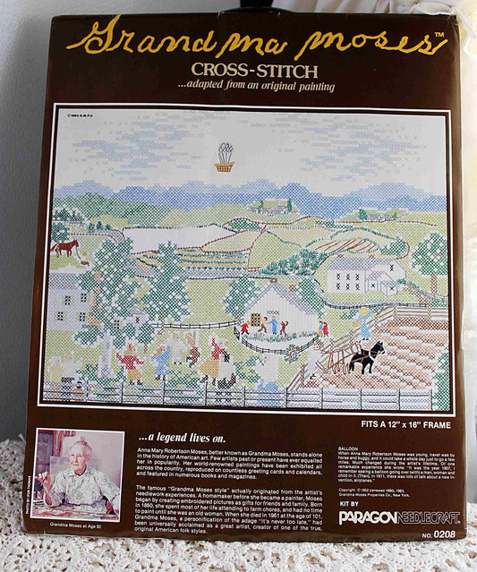 BALLOON Cross Stitch Stitchery Kit, Vintage Grandma Moses Design, Paragon Needlecraft Embroidery 0208 from 1983