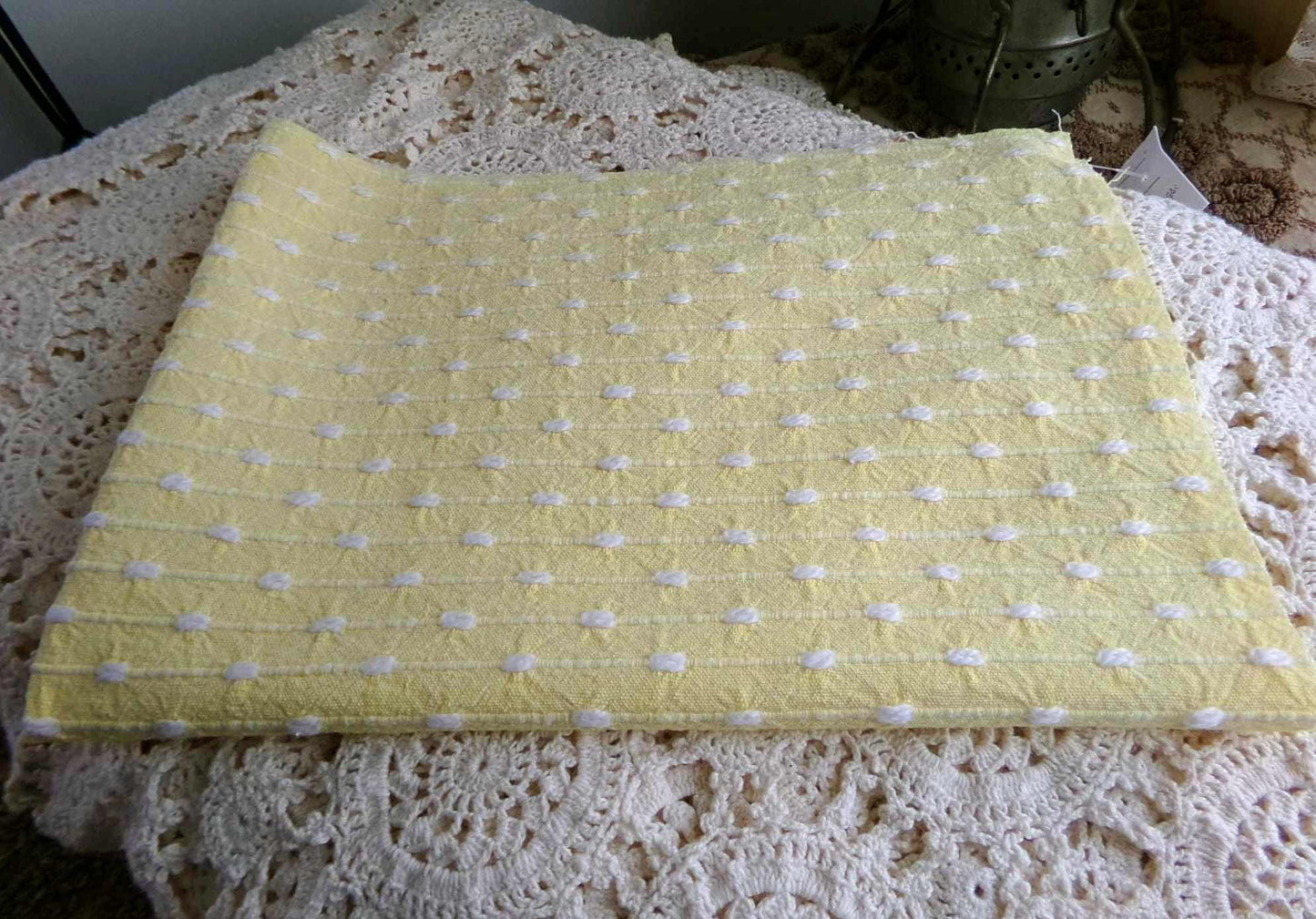 Sunny Yellow Vintage Woven Fabric With Tiny White Chenille Pearl Tufts, Lightweight 20" x 14" Piece