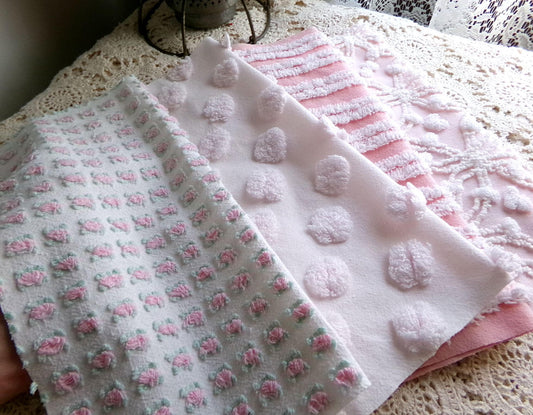 large chenille fabric squares, "the pink pack" set of 4 vintage quilt blocks 12" inches ea, favorite shades of feminine pink colors