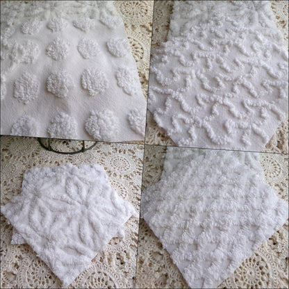 cherub feathers white chenille fabric squares, cut from vintage chenille bedspreads in popular patterns, set of 16 quilt blocks, 6" inch ea