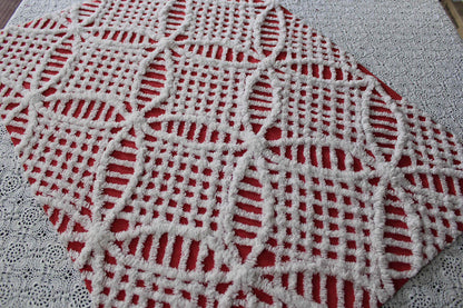 red & white chenille fabric, fun festive wedding rings, 19" x 27" inch piece, 100% lightweight cotton, great for vintage Christmas stockings