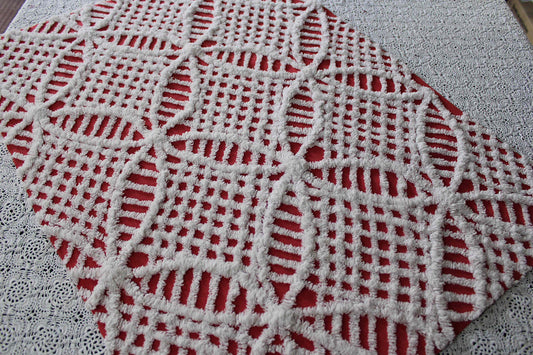 red & white chenille fabric, fun festive wedding rings, 19" x 27" inch piece, 100% lightweight cotton, great for vintage Christmas stockings
