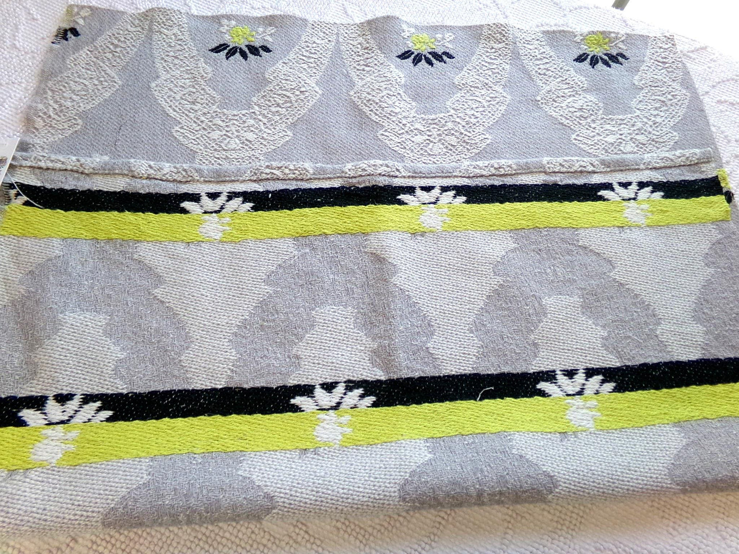 starlight silver swag vintage woven fabric piece, white lace designs, cool grey, chartreuse rose florals, reversible Bates design, 22" x 27"