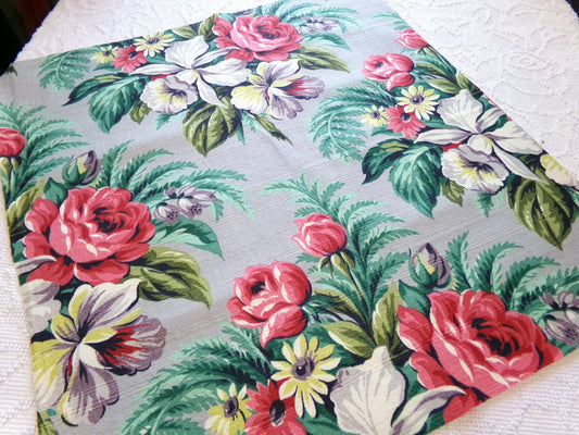 Botanical Vintage Barkcloth Fabric, Tropical Exotic Floral Print on Silvery Grey, 22" x 23" inches, Ideal Fabric Piece for Pillows