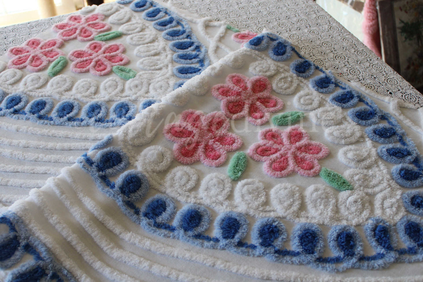 Cottage Hearts & Pink Roses Vintage Chenille Fabric, Classic 50s Design, 38" x 18" inch LARGE piece